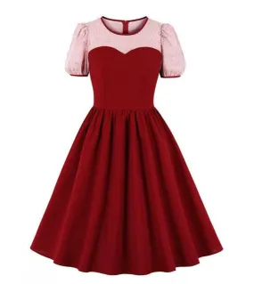 Borgogna Contrast Mesh Elegante Party Night Vintage Swing Dress Donna Pieghe al ginocchio Abiti Rockabilly Vd2372dresse