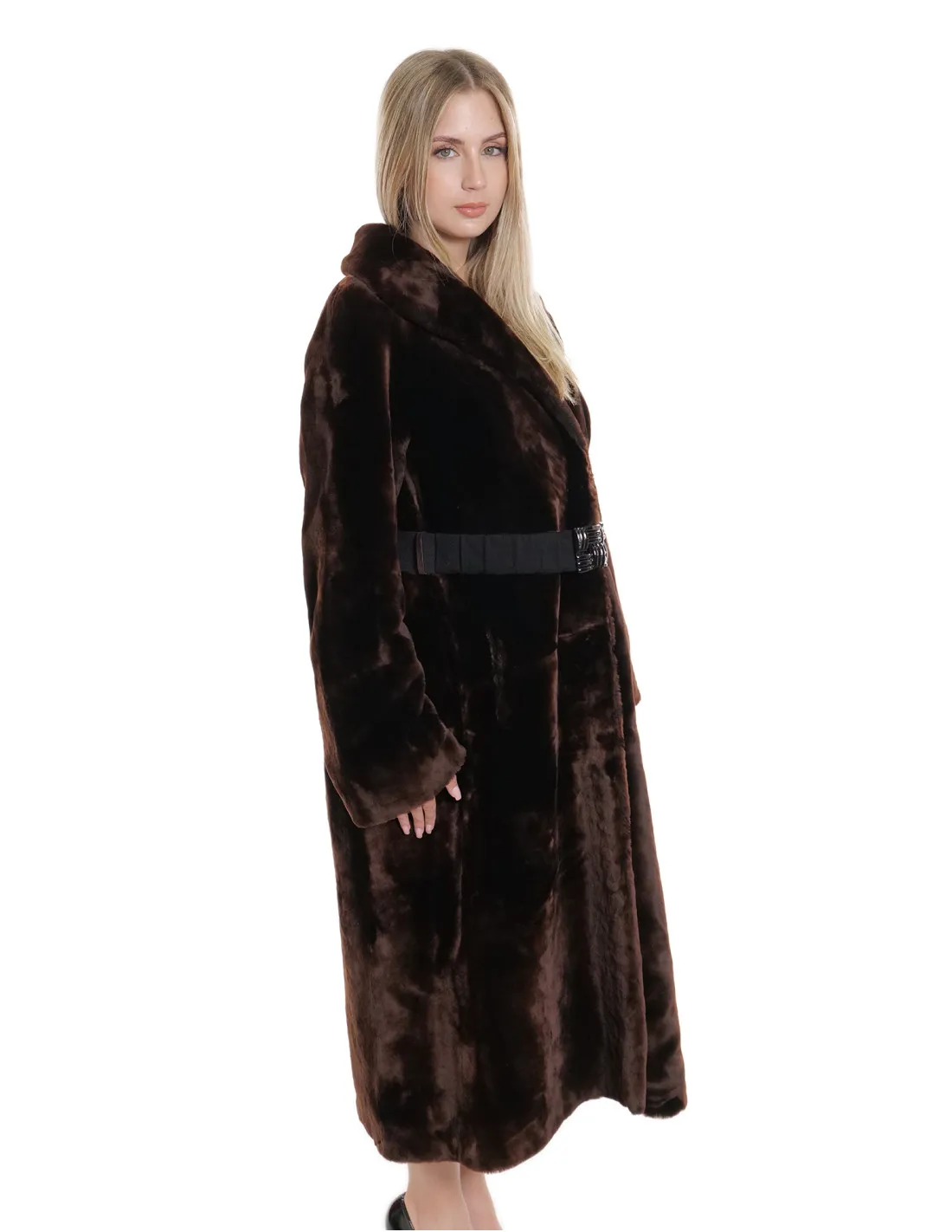 Cappotto lungo 120 cm castoro marrone bordeaux 46 cm collo sciallato cintura elastica con decoro avanti 