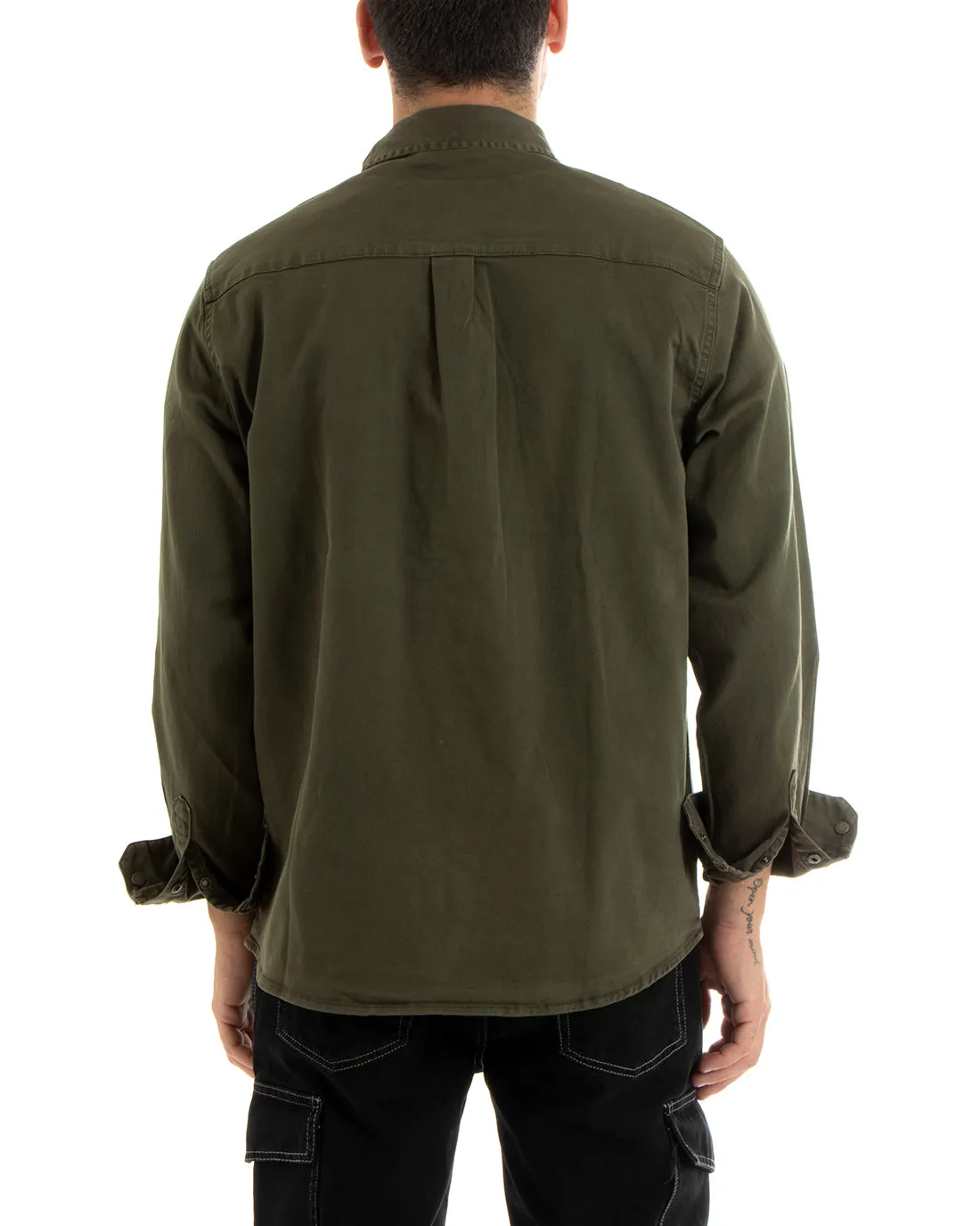 Giubbotto Uomo Giacca Jeans Con Colletto Camicione Denim Verde Militare GIOSAL-G3078A