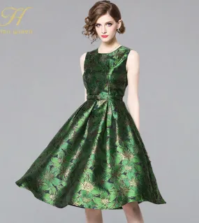 H Han Queen Nuovo arrivo Primavera Vintage Abito jacquard senza maniche Slim Aline Party Oneck Abiti al ginocchio Abiti