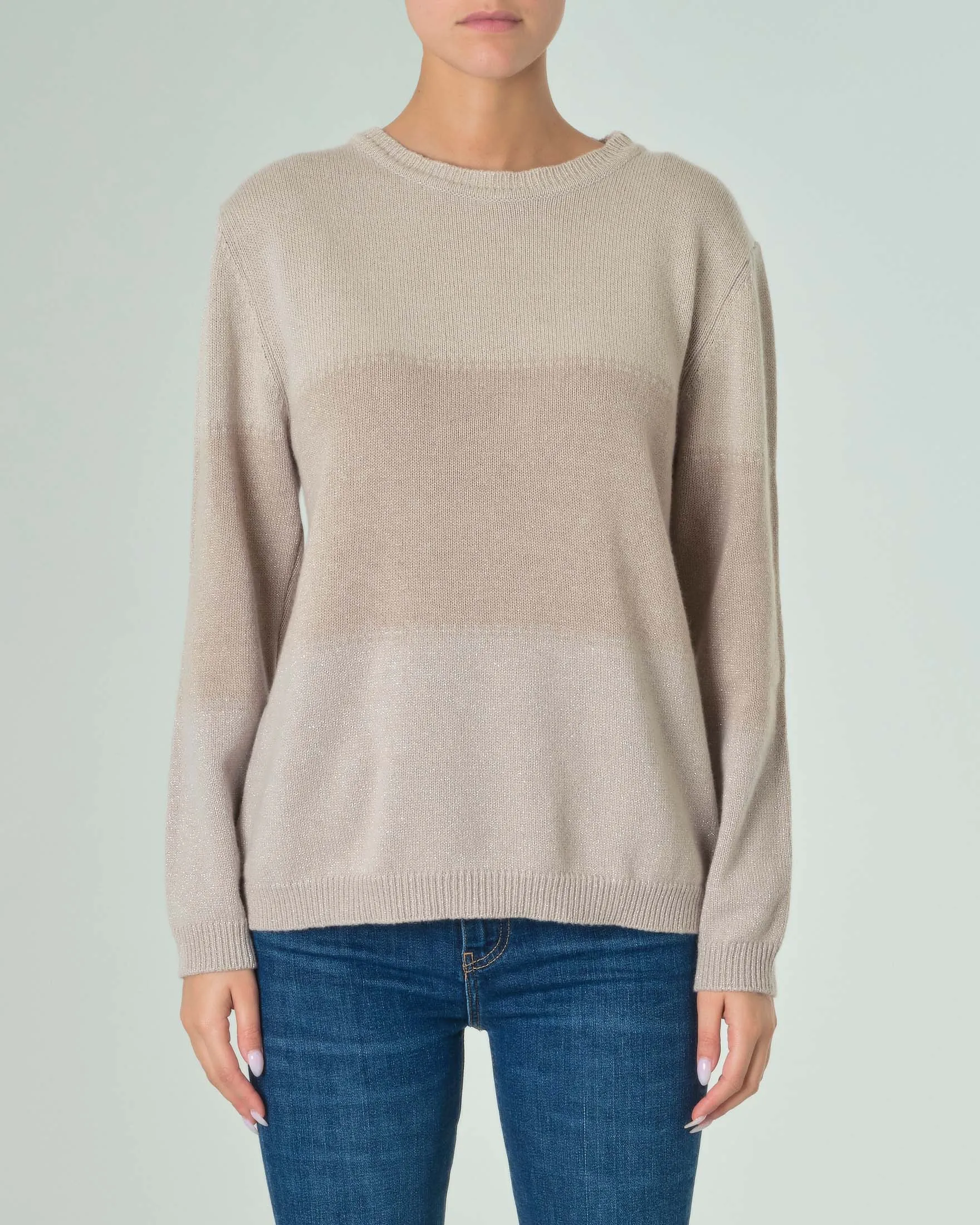 Maglia a blocchi di colore beige e marrone in misto lana e cashmere con inserti in lurex